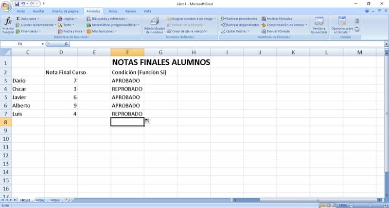 Función SI en Excel tabla