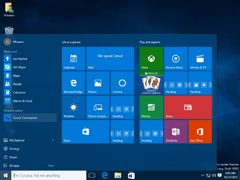 Windows 10 menu example