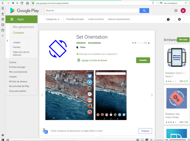 aplicación Set orientation