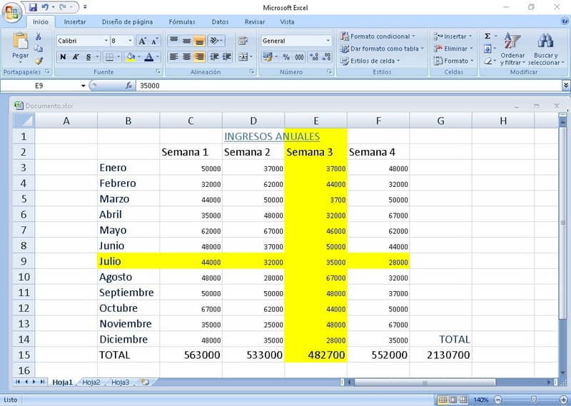 Resaltar fila columna Excel