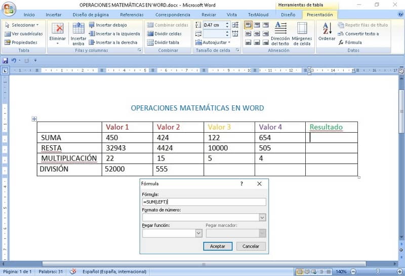 Como Sumar Restar Multiplicar Dividir En Word Insertar Formulas En Word Ejemplo Mira Como Se Hace