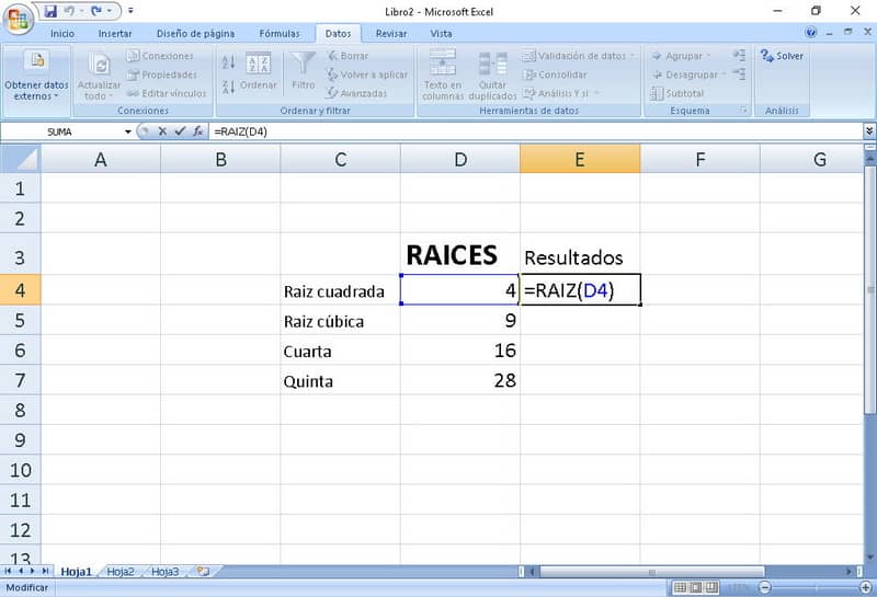 Raíz cuadrada en Microsoft Excel