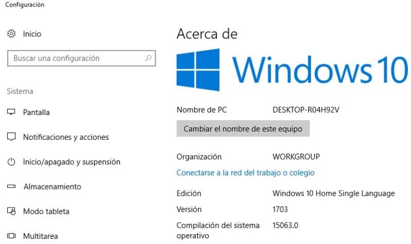 Acerca y configuracion de Windows10