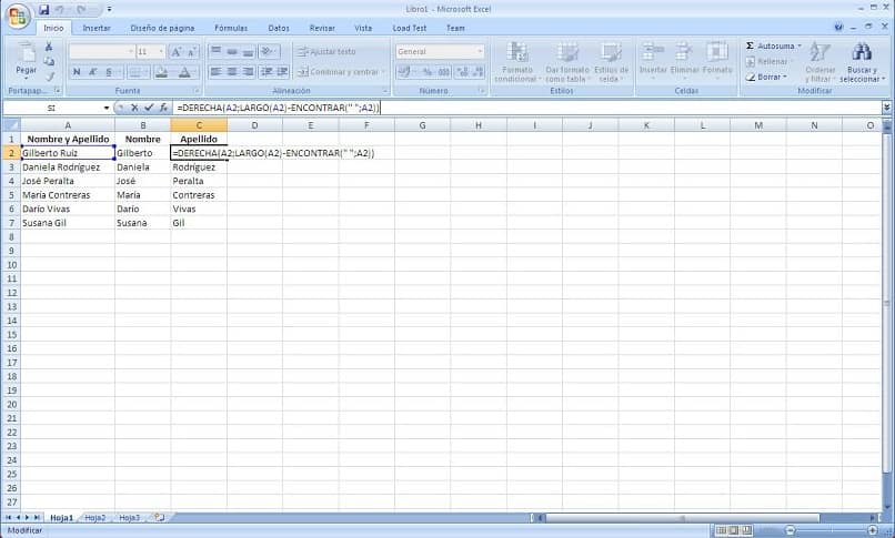 Documento en Excel con las formulas para separar los nombres y apellidos