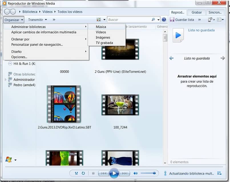 Reproductor Windows Media en la opción administrar biblioteca