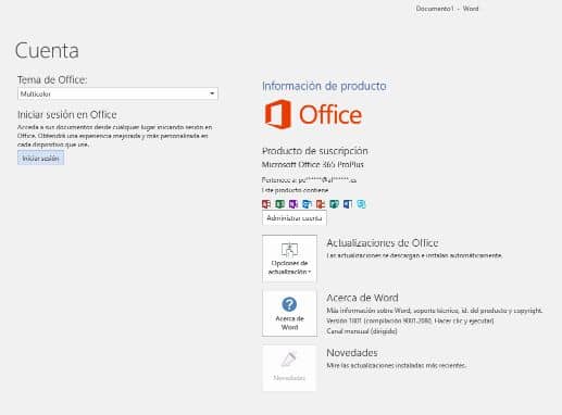 Ventana e cuenta Microsoft Office 365
