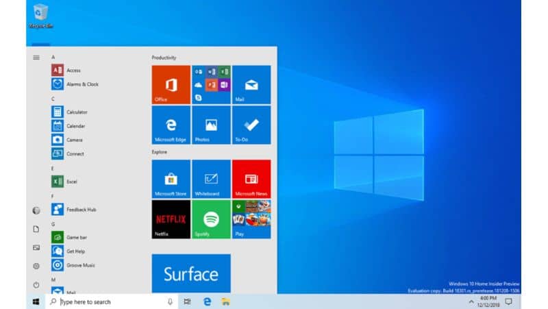 Aplicaciones en menu de inicio de Windows 10