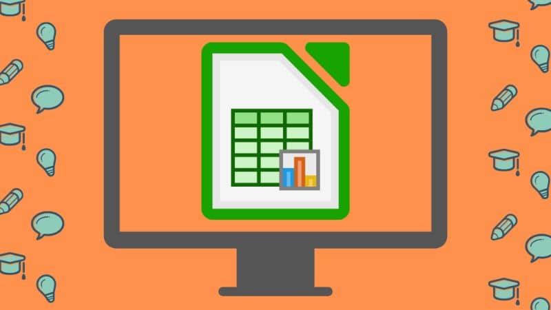 icono de pantalla y LibreOffice con fondo naranja e iconos de bombilla lapiz nube y birrete
