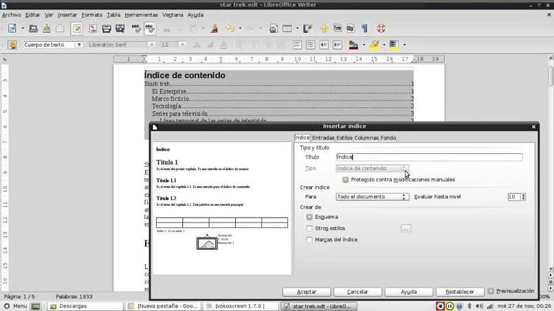 insertar el indice de contenido en LibreOffice Writer