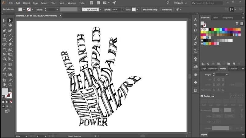 mano creada a partir de letras y diferentes palabras en illustrator