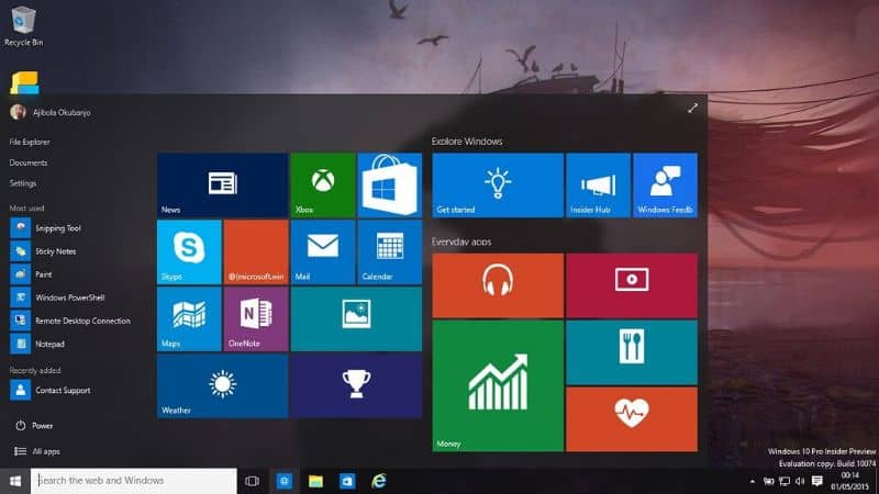 Menú de inicio y fondo de Windows 10