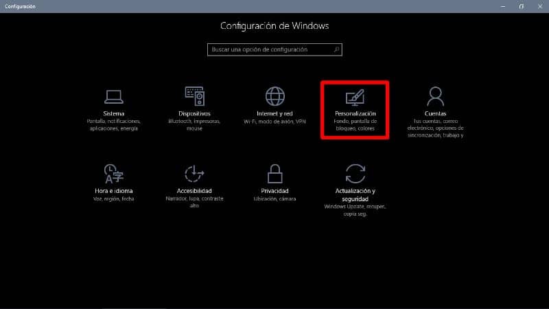 p�gina de configuraci�n de Windows 10