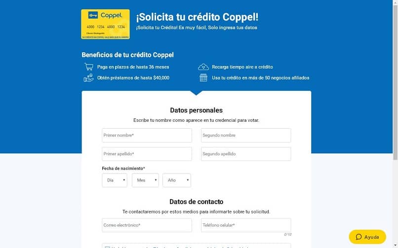 La página web para solicitar un crédito en Coppel