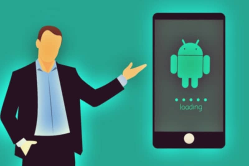 móvil Android caricatura de un hombre señalando