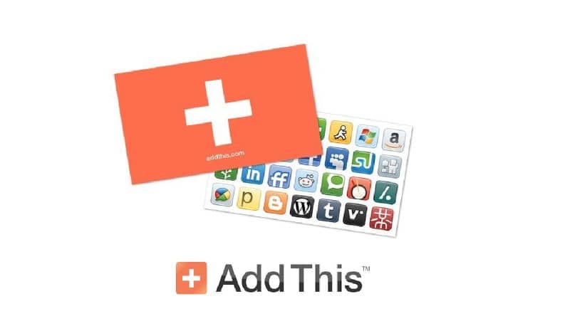 AddThis logo y diferentes iconos de programas o aplicaciones sobre fondo blanco
