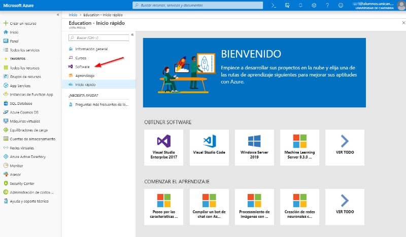 pantalla inicial de nueva cuenta Microsoft Azure