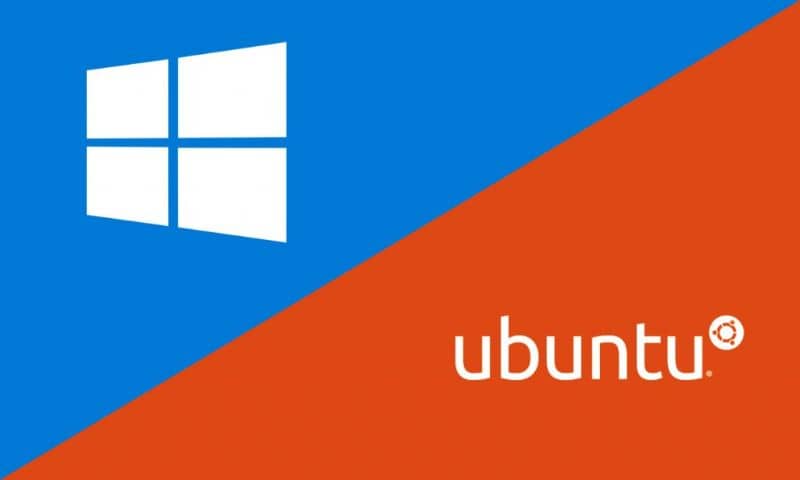logo windows fondo azul y ubuntu fondo naranja pantalla dividida