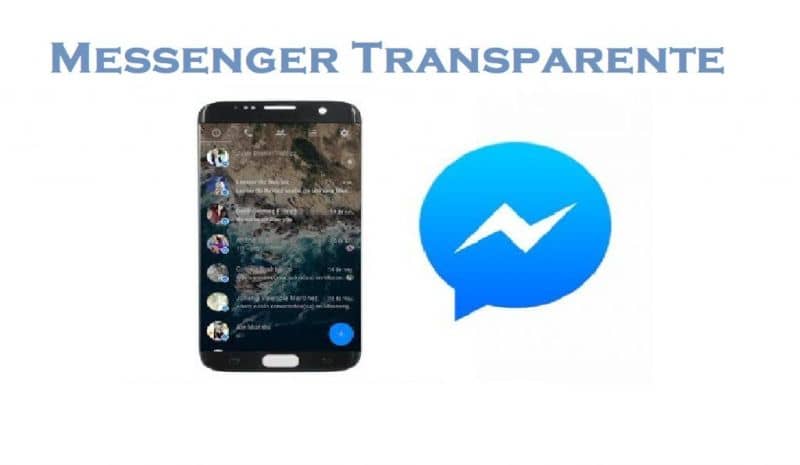 movil con messenger transparente junto al logo de messenger y fondo blanco