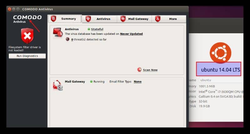 pantalla principal de antivirus comodo en ubuntu 14 04 lts