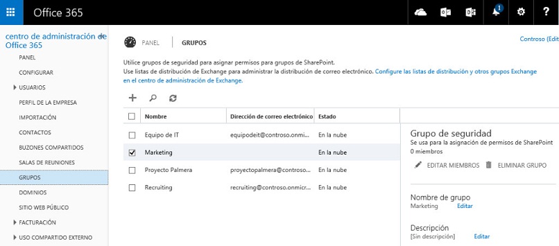 pasos Crear, eliminar o restringir grupos de seguridad grupos de seguridad en Office 365