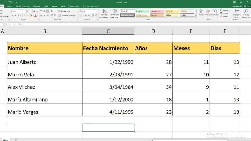 formato Microsoft Excel con datos 