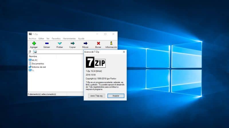 escritorio con programa 7 zip abierto