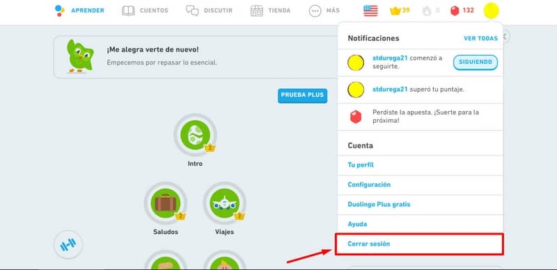 Sesion en cuenta Duolingo